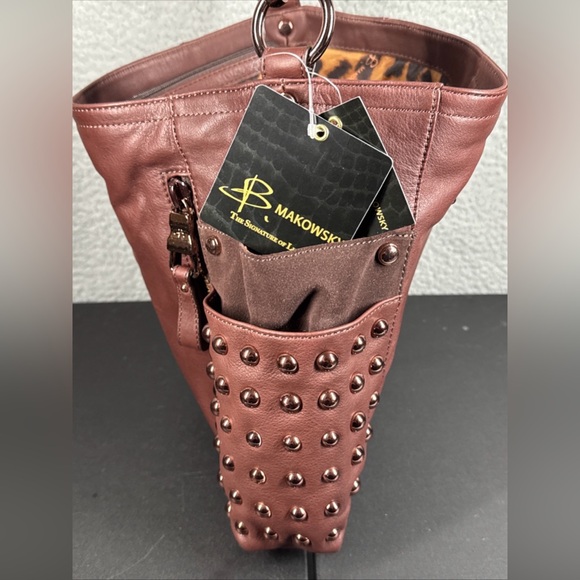 B Makowsky Soft Leather Brown Shoulder/CrossbodyPurse Rosetone Stud Hardware NWT - Picture 14 of 16